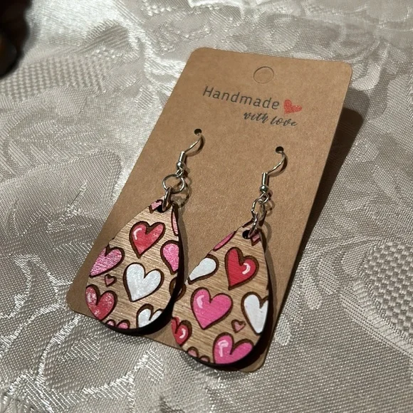 Handmade Multicolor Heart Wooden Dangle Earrings Romantic Statement Jewelry - Picture 4 of 8